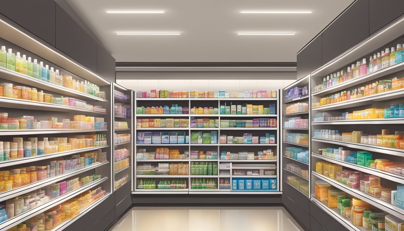 A brightly lit pharmacy shelf displays various brands of ear sticks in Singapore