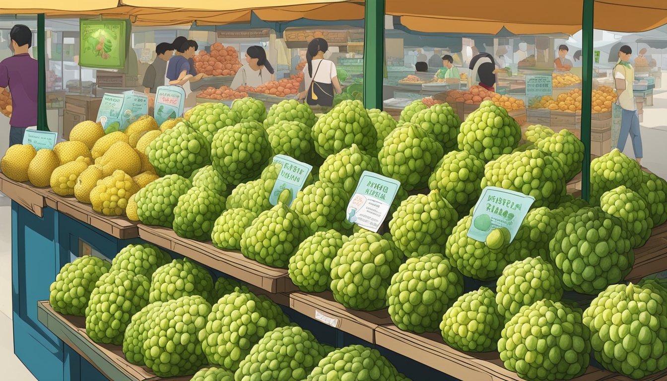 A vibrant display of Taiwan custard apples at a Singapore market, with signs highlighting their health benefits and nutritional value