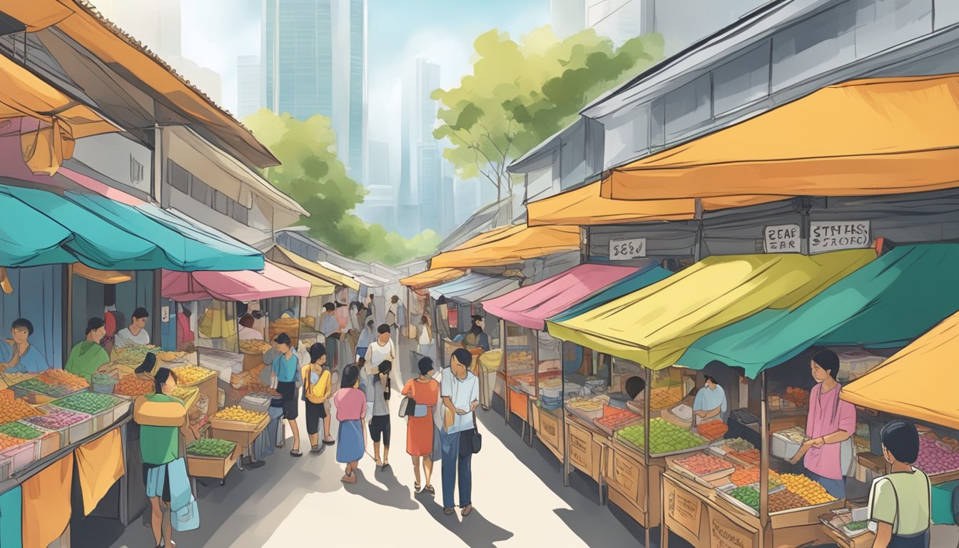 A bustling street market in Singapore, with colorful stalls selling various goods. A sign advertising "Ear Sticks" catches the eye, drawing customers to a vendor's display