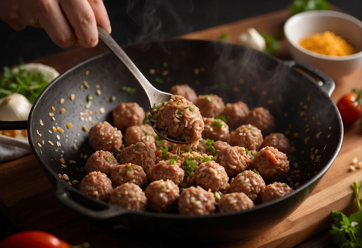 A hand mixing ground pork, garlic, ginger, and seasonings in a bowl. Forming the mixture into small meatballs and placing them in a sizzling skillet