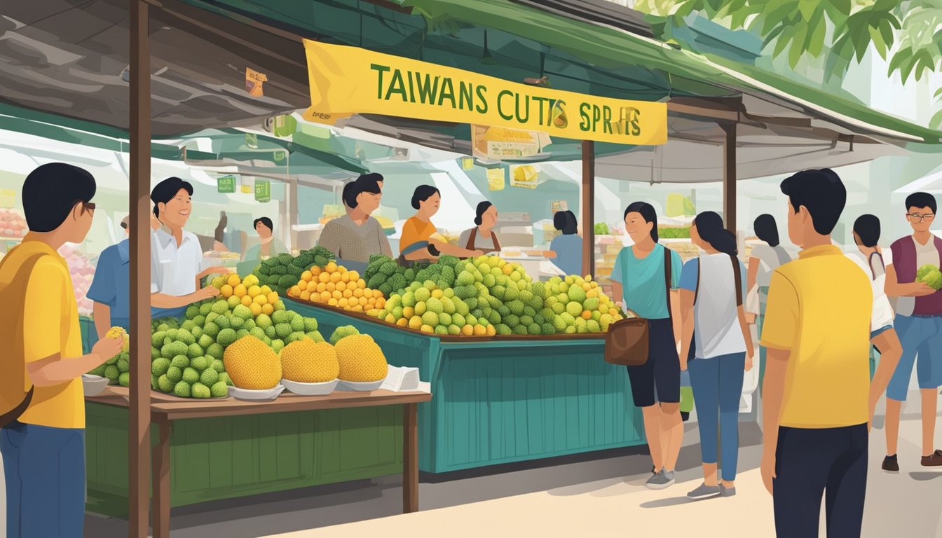 A bustling market stall with vibrant signage displaying "Taiwan Custard Apples" in Singapore. Customers eagerly inquire about the fruit, while the vendor proudly showcases the fresh produce