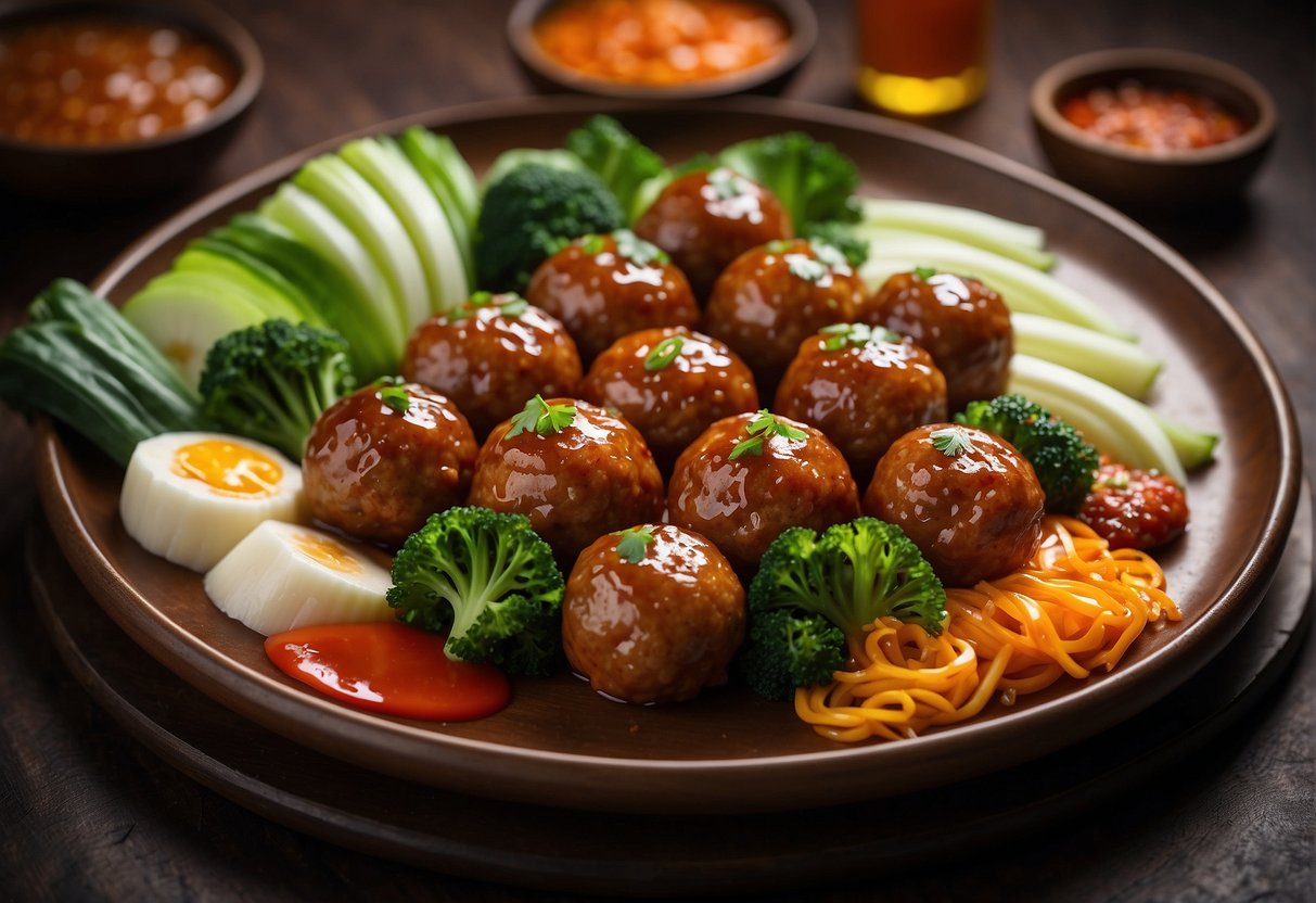 Chinese pork meatballs are arranged on a platter with a variety of colorful sauces and sides, such as steamed bok choy and chili oil, creating a visually appealing and appetizing spread