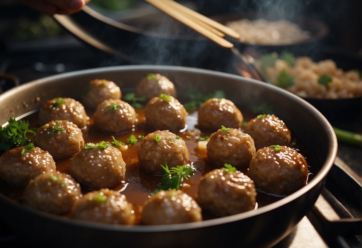 Chinese pork meatballs are being seasoned with soy sauce and ginger, then rolled into perfect spheres. A pot of broth simmers on the stove, ready to receive the meatballs