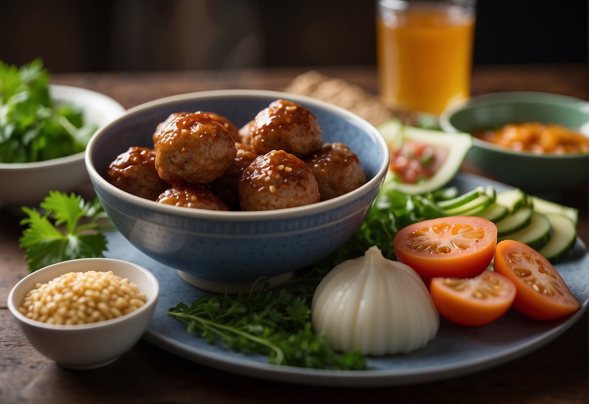 A table with ingredients and their nutritional values. A bowl of Chinese pork meatballs with different variations