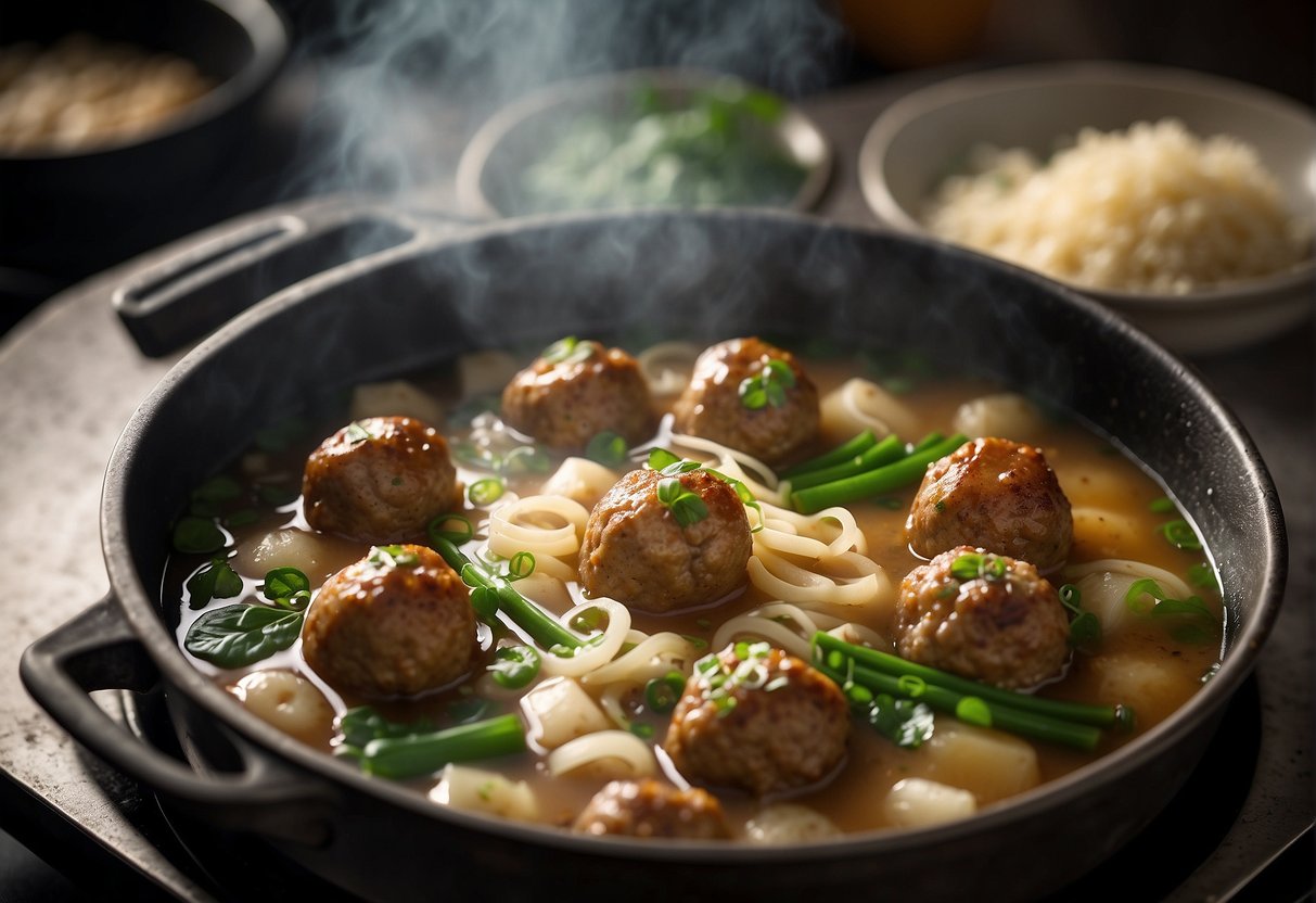 Chinese pork meatballs simmer in a fragrant broth with ginger, garlic, and green onions. A pot bubbles on a stovetop, releasing savory aromas