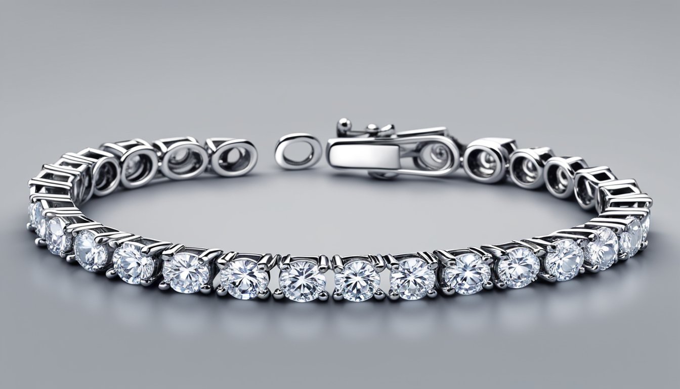 A sparkling diamond tennis bracelet gleams under the soft glow of a spotlight, showcasing its elegant craftsmanship and luxurious allure