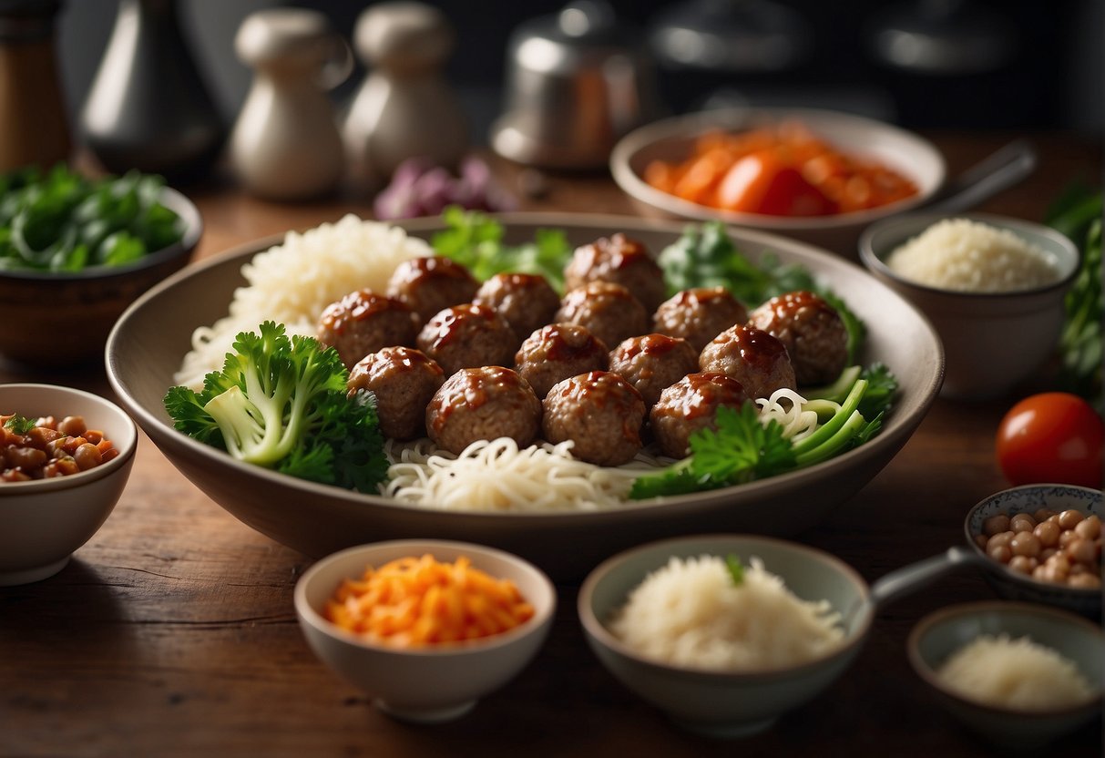 A bowl of Chinese pork meatballs being prepared with ingredients and cooking utensils laid out on a kitchen counter