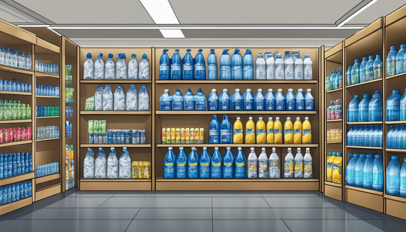 A store shelf displays various CamelBak water bottles in a well-lit store in Singapore