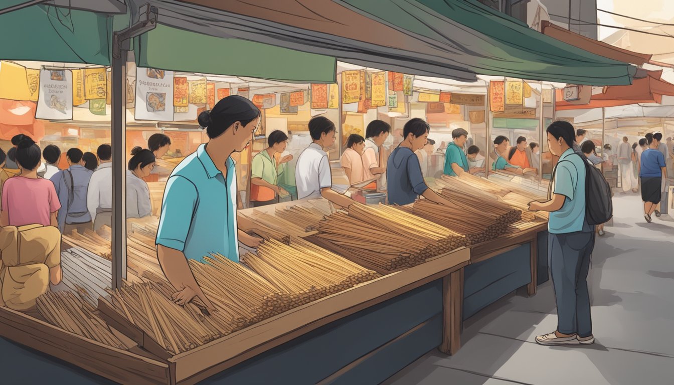 A bustling Singapore market stall sells ear sticks, with a sign reading "Frequently Asked Questions: Where to buy ear sticks in Singapore."