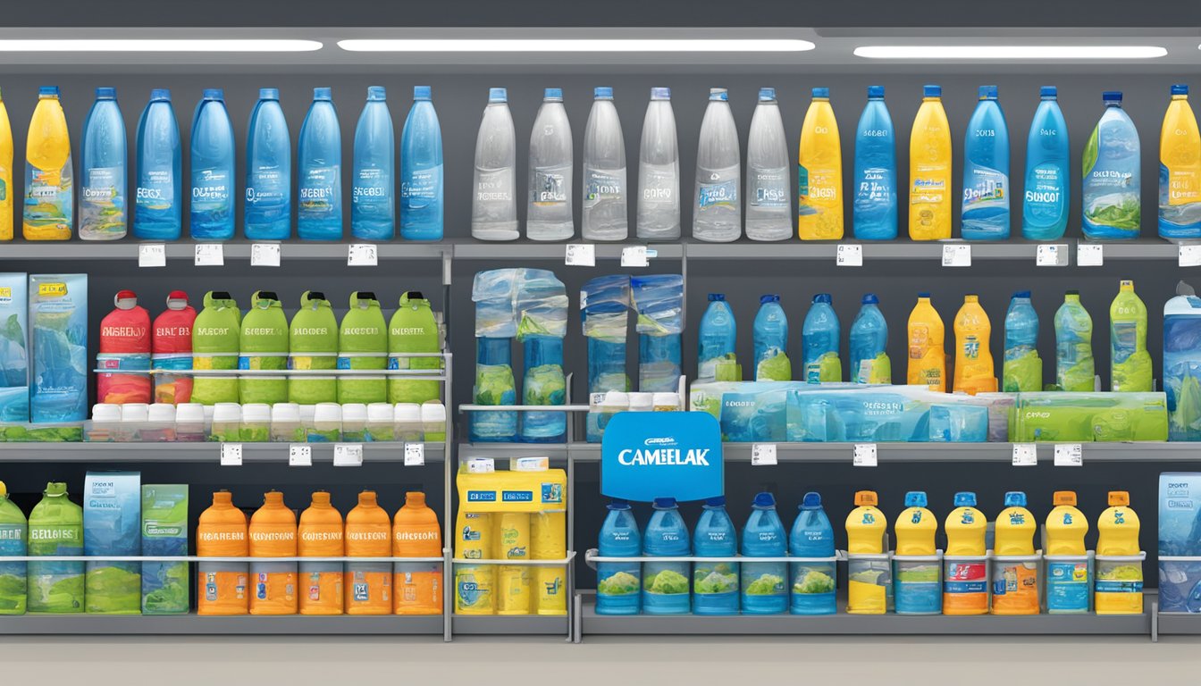 A display of various CamelBak water bottles on a shelf in a store in Singapore, with clear signage indicating "Where to buy CamelBak water bottle in Singapore."