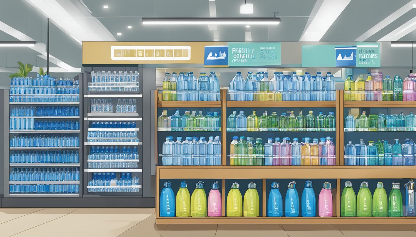 A display of Camelbak water bottles in a Singaporean store, with clear signage indicating "Frequently Asked Questions" about purchasing