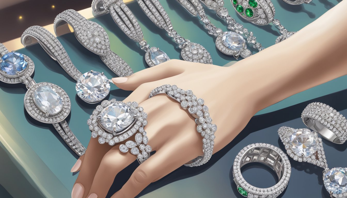A hand reaches out to compare sparkling diamond tennis bracelets in a Singapore jewelry store