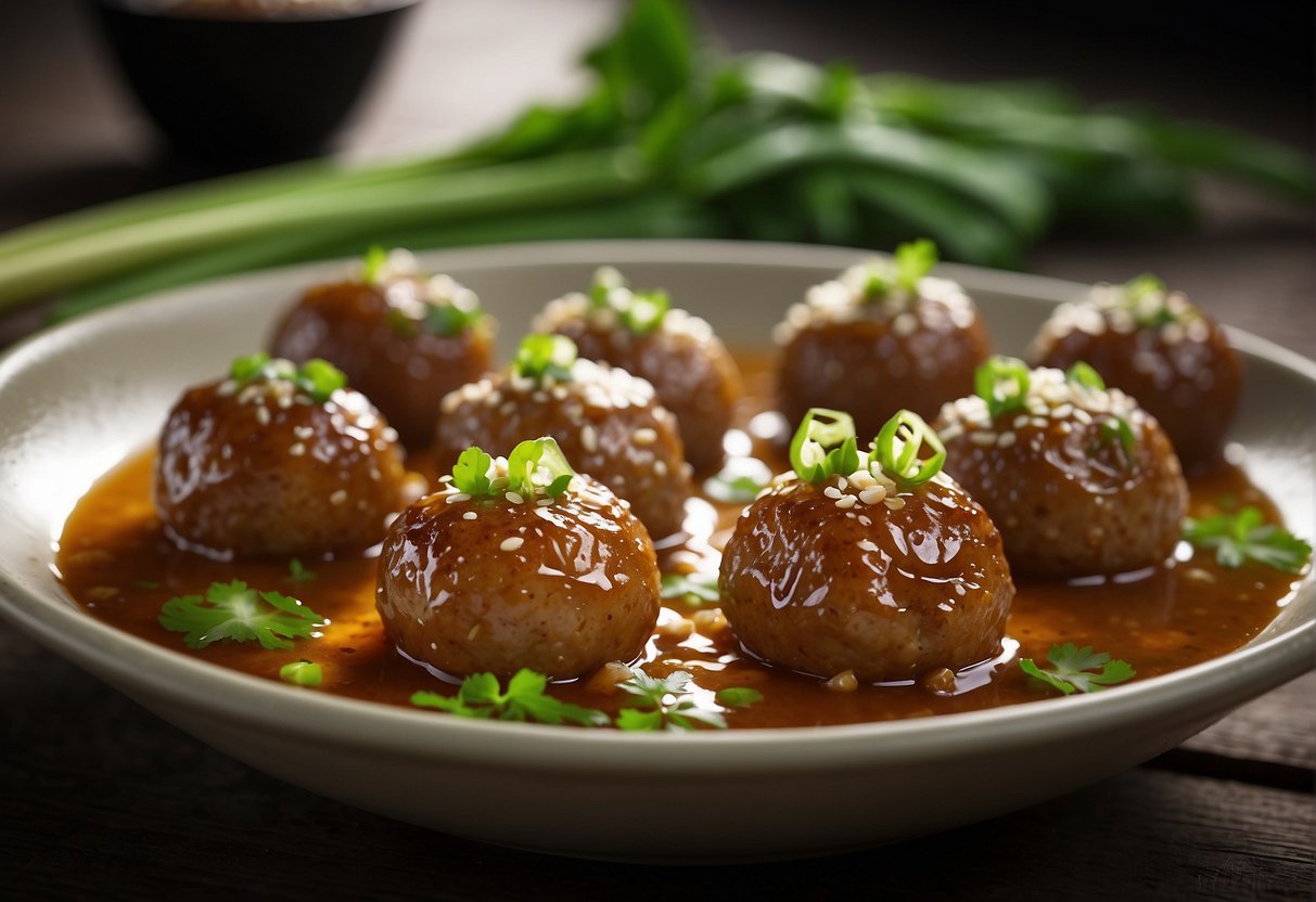 Chinese pork meatballs simmer in savory broth, garnished with green onions and a sprinkle of sesame seeds