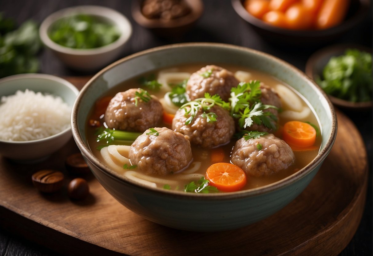 A steaming bowl of Chinese pork meatball soup with ingredients and nutritional information displayed next to it