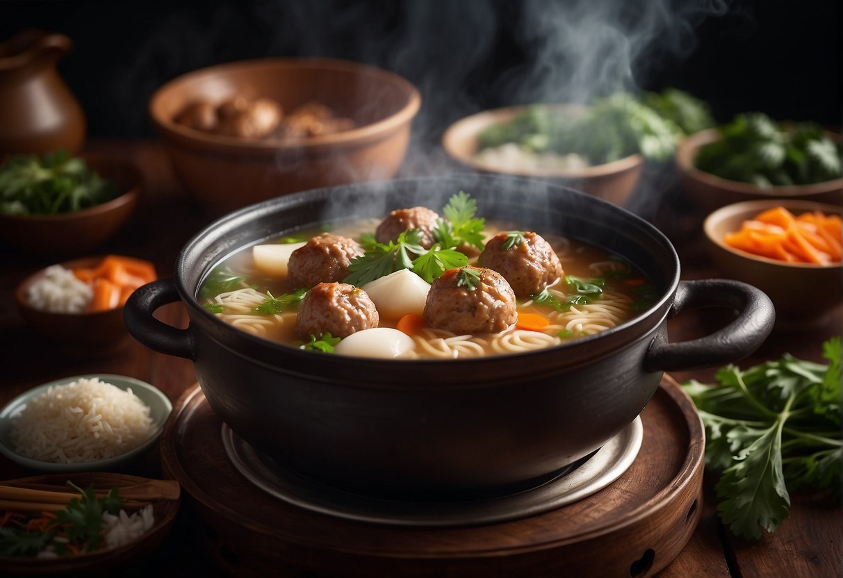 A steaming pot of Chinese pork meatball soup, surrounded by fresh ingredients and cooking utensils