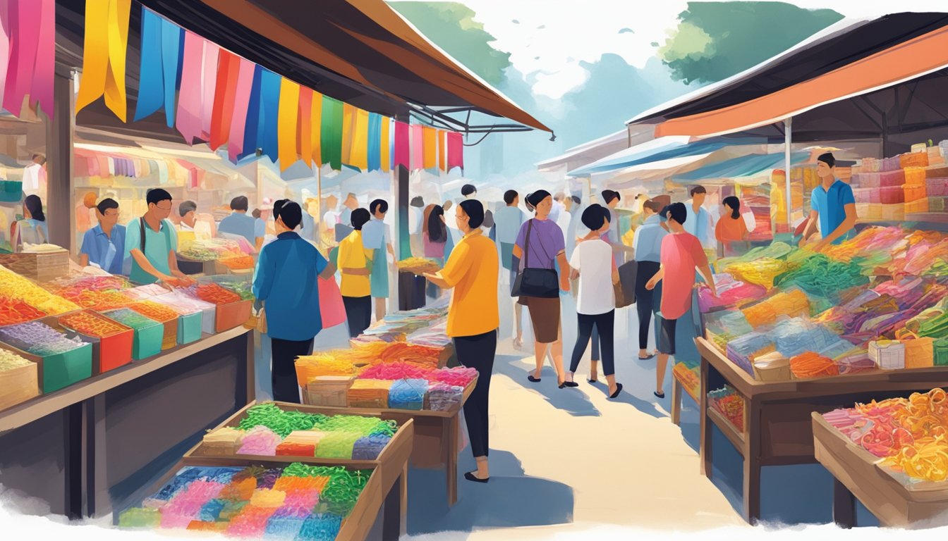 A bustling market stall in Singapore displays a colorful array of ribbons at bargain prices. Customers eagerly browse through the selection, while the vendor cheerfully assists