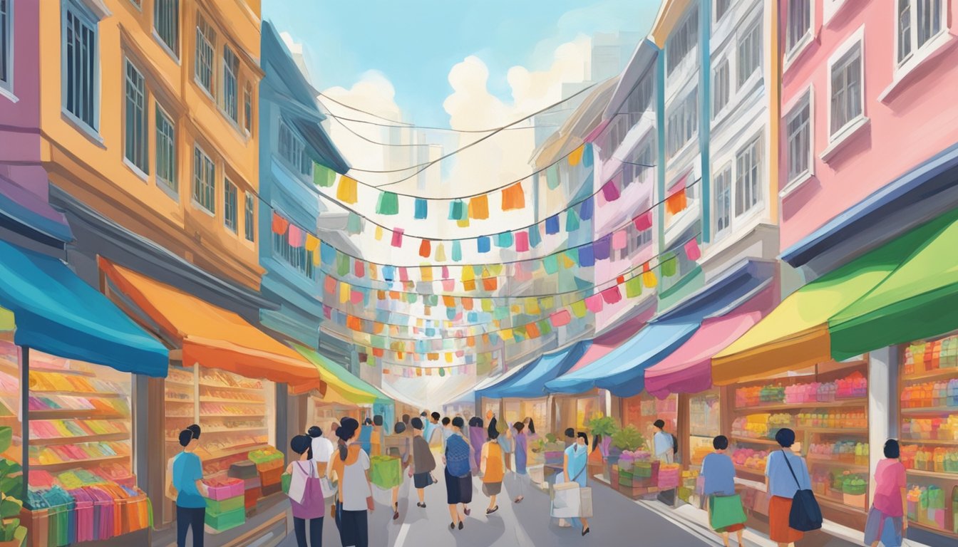 A bustling street in Singapore, lined with colorful shops selling a variety of affordable ribbons. Brightly colored spools and bundles fill the windows, enticing passersby with their vibrant hues