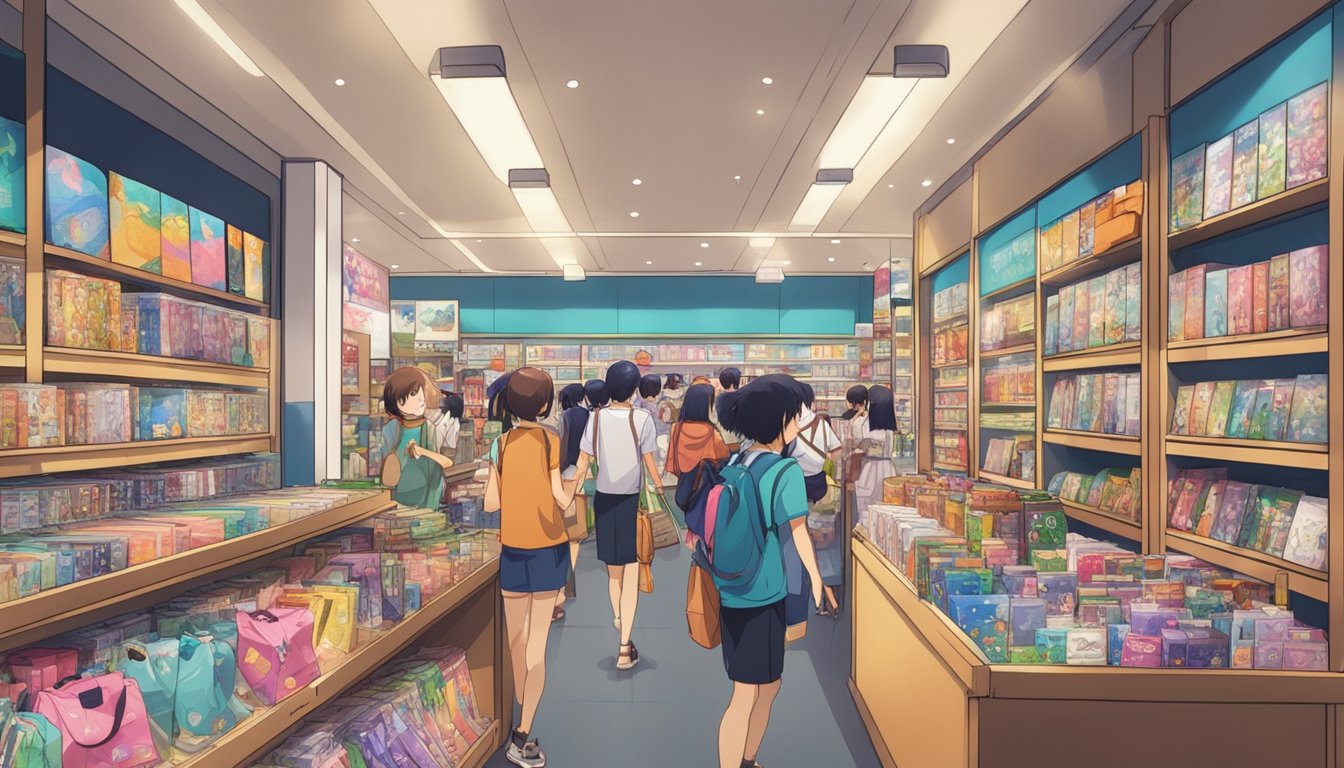 A bustling anime store in Singapore, shelves lined with colorful merchandise and posters, customers browsing and chatting excitedly