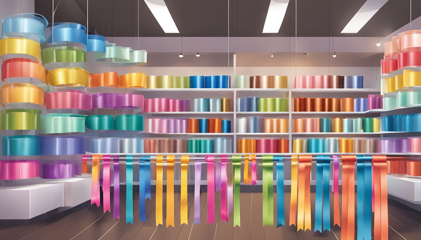 Colorful ribbons adorn event spaces and branded products. A variety of ribbons are neatly displayed in a Singaporean store