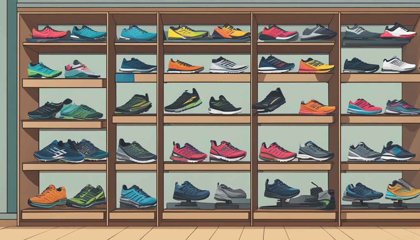 A store in Singapore displays trail running shoes on shelves, with various brands and sizes available for purchase