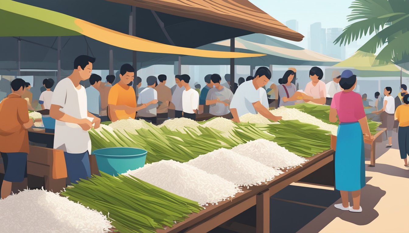 A bustling market stall displays piles of fresh grated coconut in Singapore. Customers gather around, selecting and purchasing the fragrant, snowy white shreds