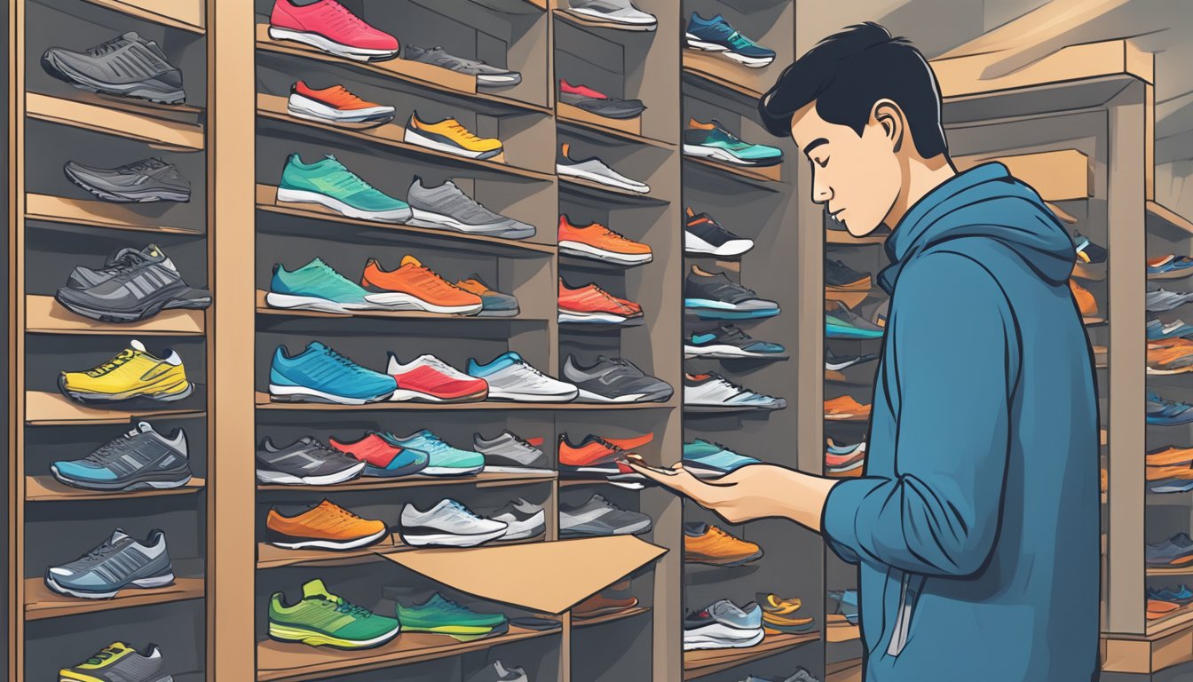 A customer examines trail running shoes at a Singapore store, comparing styles and features before making a purchase decision