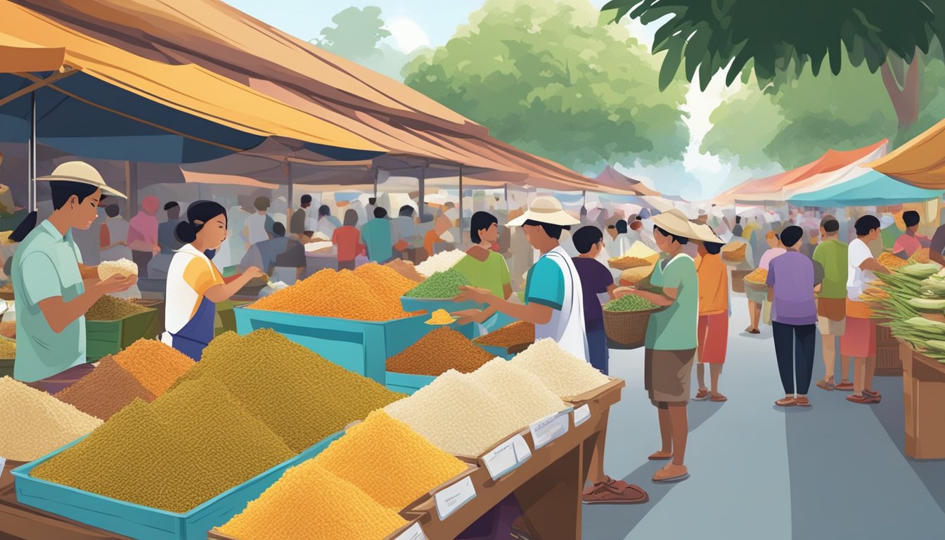 A bustling street market with vendors selling freshly grated coconut in Singapore. Brightly colored stalls display piles of the white, fluffy coconut, while customers eagerly line up to purchase the fragrant and flavorful ingredient