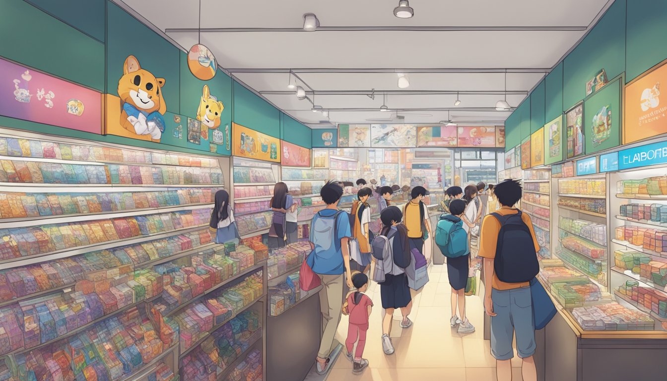 A bustling anime store in Singapore, filled with shelves of colorful merchandise and eager customers browsing for their favorite characters
