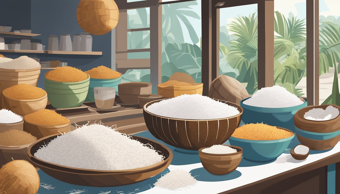 A kitchen counter with a bowl of freshly grated coconut, a coconut grater, and a pile of coconut shells. A market stall in Singapore selling fresh grated coconut