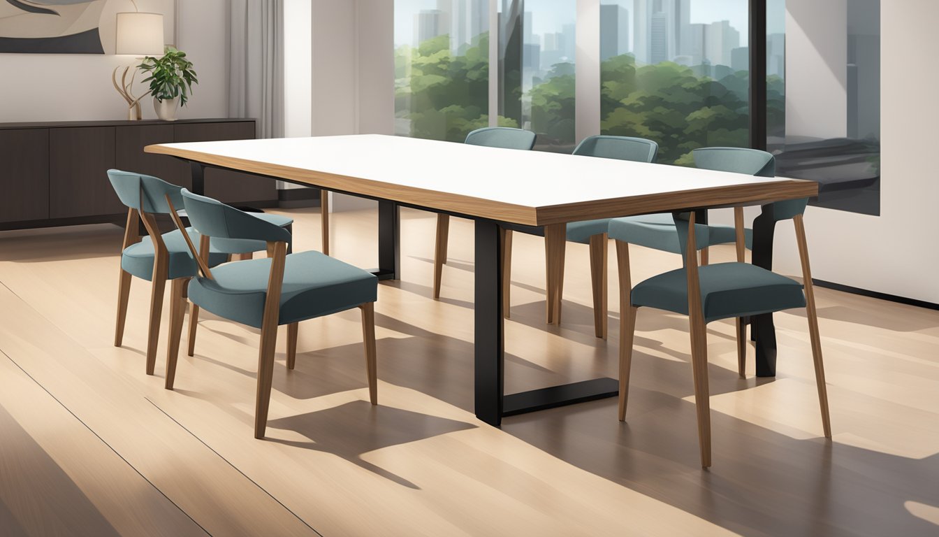 A modern, sleek table sits in a well-lit showroom in Singapore. The table is made of fine wood and has a minimalist design