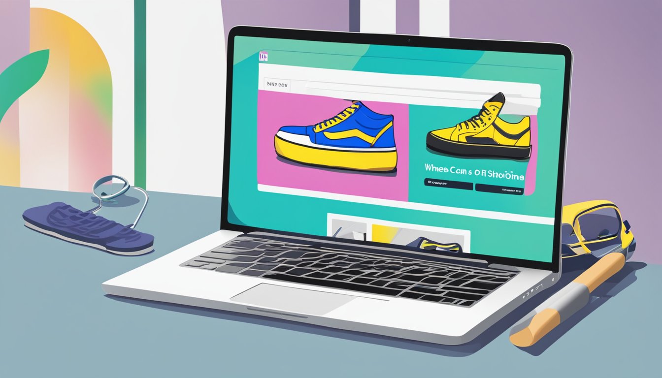 A computer screen with a search bar open, displaying the website of an online shoe store. The search bar shows the text "Where can I buy Vans shoes online."
