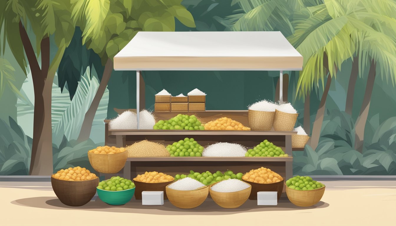 A market stall with piles of fresh coconuts, a grater, and a vendor packaging grated coconut in Singapore
