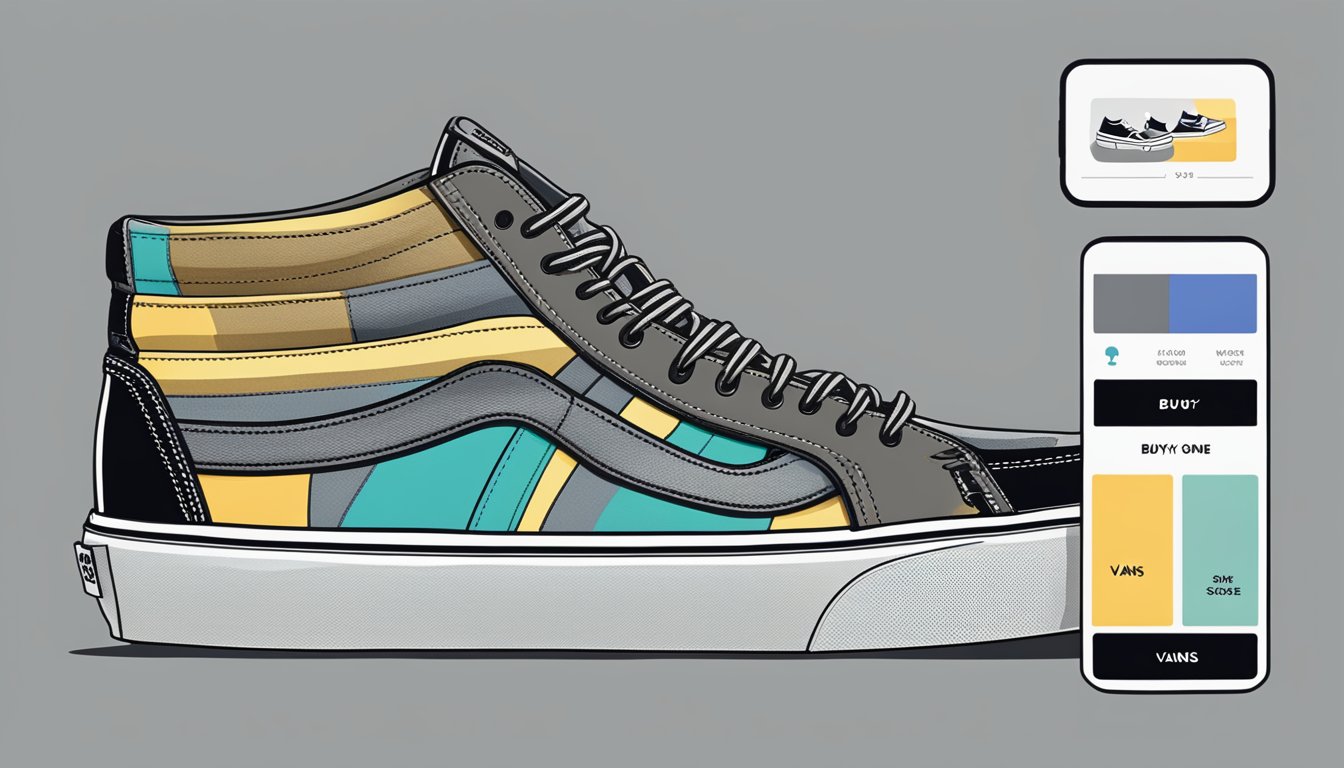 A computer screen displaying Vans Shoes website with various shoe options and a "buy now" button