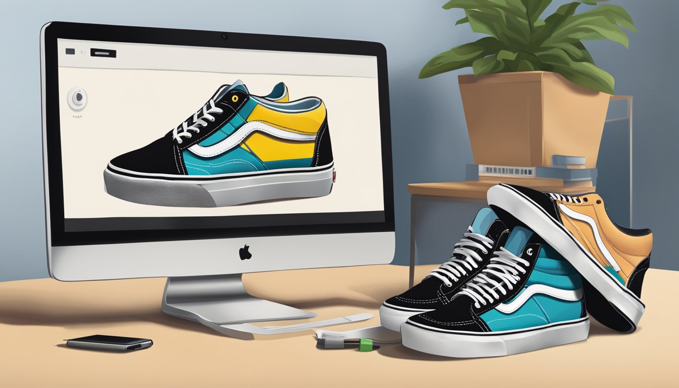A pair of Vans shoes placed next to an online shopping website on a computer screen