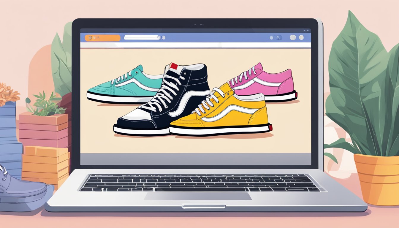 A laptop open to a web browser with a search bar, displaying the website of an online shoe store. The page shows a variety of Vans shoes available for purchase