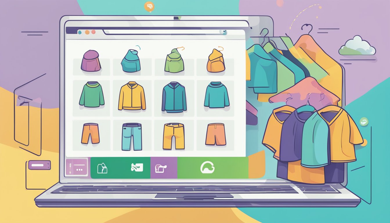 A computer screen displaying a website with various dog clothes for sale. A cursor hovers over a "buy now" button