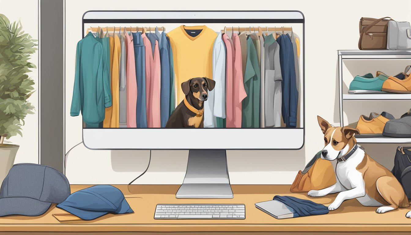 A dog browsing through different styles and sizes of clothes online, with a variety of options displayed on a computer screen