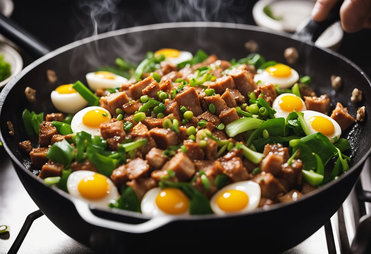 A sizzling wok with diced pork, beaten eggs, and chopped scallions cooking together, emitting a savory aroma
