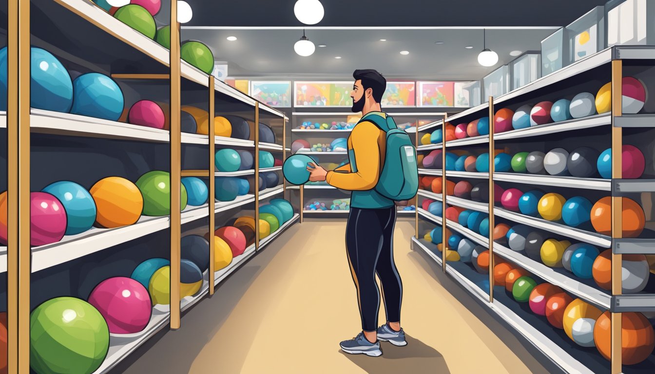 A person standing in a sports equipment store, holding and comparing different gym balls, with shelves of fitness products in the background