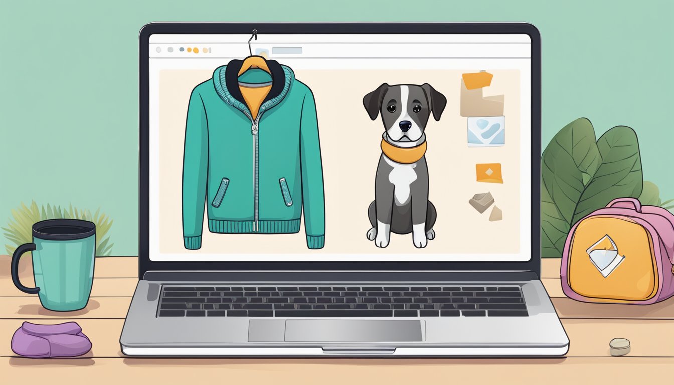A laptop displaying a website with various dog clothes. A cute sweater, a stylish collar, and a cozy bed are shown on the screen