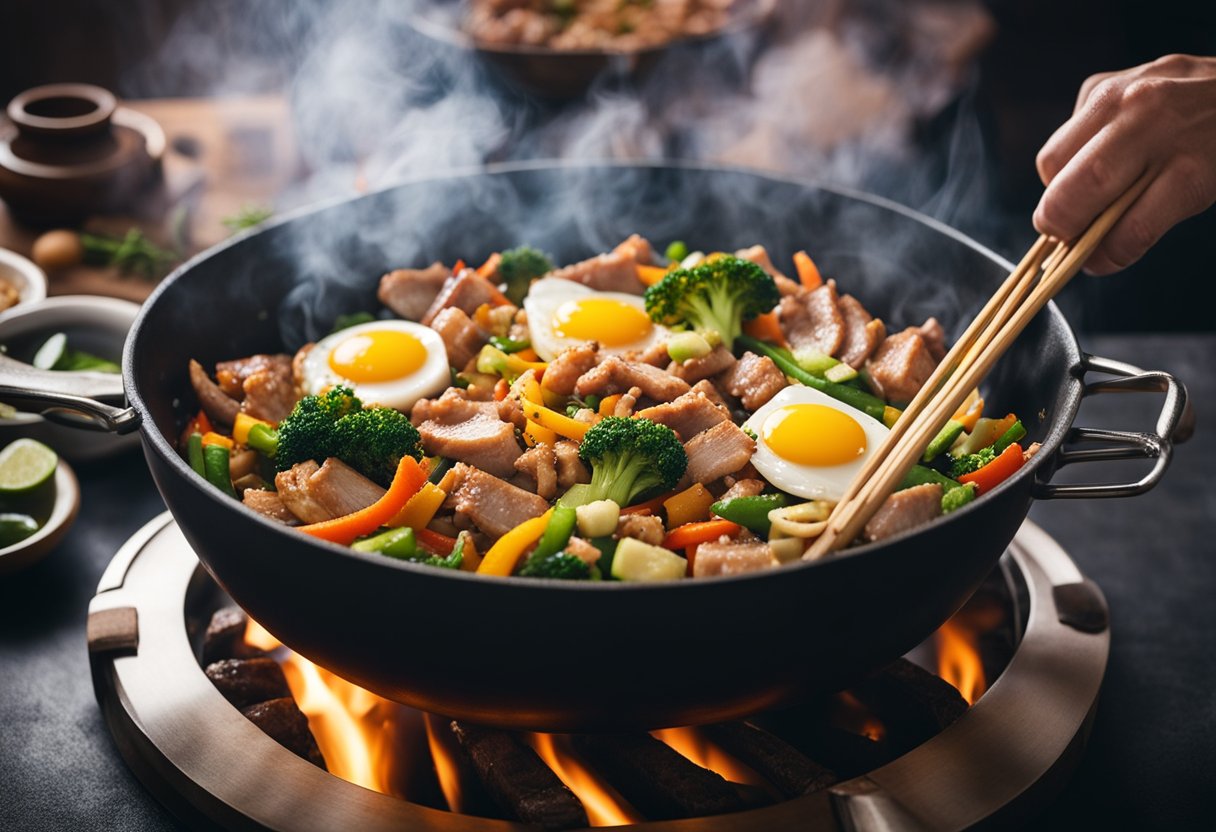 A sizzling wok with diced pork, beaten eggs, and a medley of colorful vegetables being stir-fried together, emitting aromatic steam
