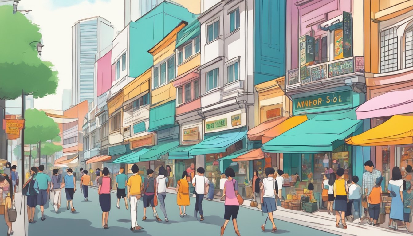 A bustling street in Singapore, with colorful storefronts and a prominent sign reading "anothersole" in bold letters. Pedestrians are seen browsing and entering the shop