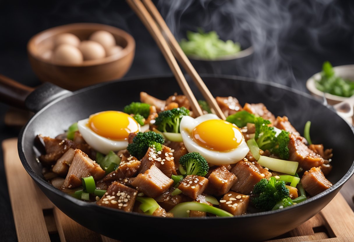 A wok sizzles with diced pork, ginger, and garlic. Eggs are poured in, then folded with scallions and soy sauce