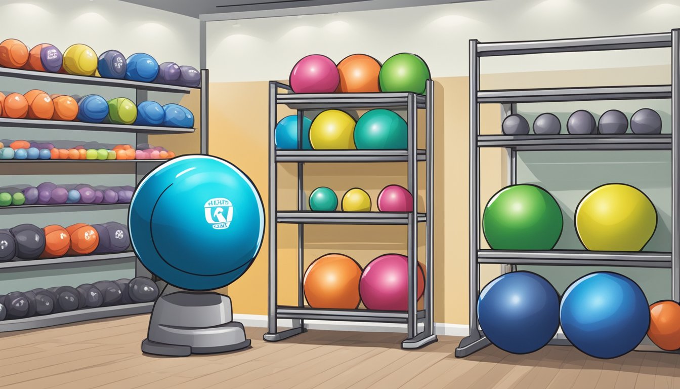 A gym ball displayed on a shelf in a fitness equipment store in Singapore, with a sign indicating "Frequently Asked Questions" about the product