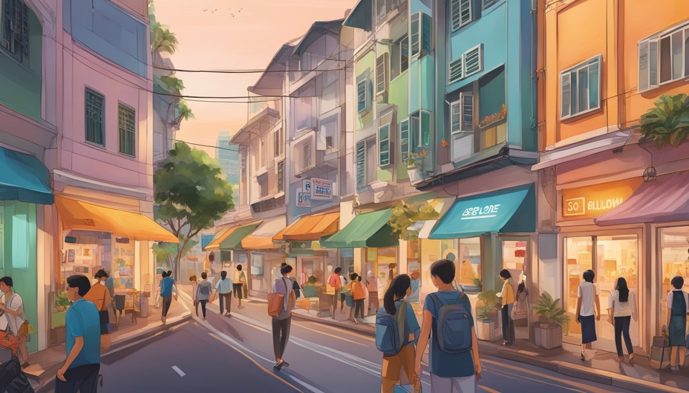 A bustling street in Singapore, with colorful storefronts and a prominent sign for Anothersole. Pedestrians walk by as the sun sets, casting a warm glow on the scene