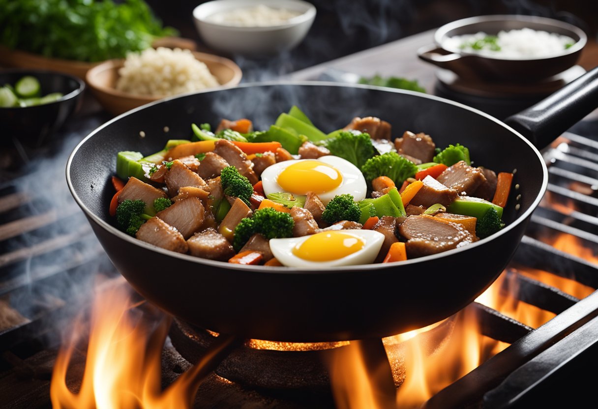 A sizzling wok holds chunks of marinated pork, eggs, and vibrant vegetables, emitting a tantalizing aroma of soy sauce and ginger