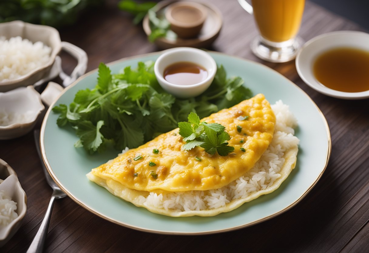 A sizzling Chinese pork omelette is being served with a side of steamed rice and paired with a fragrant cup of jasmine tea