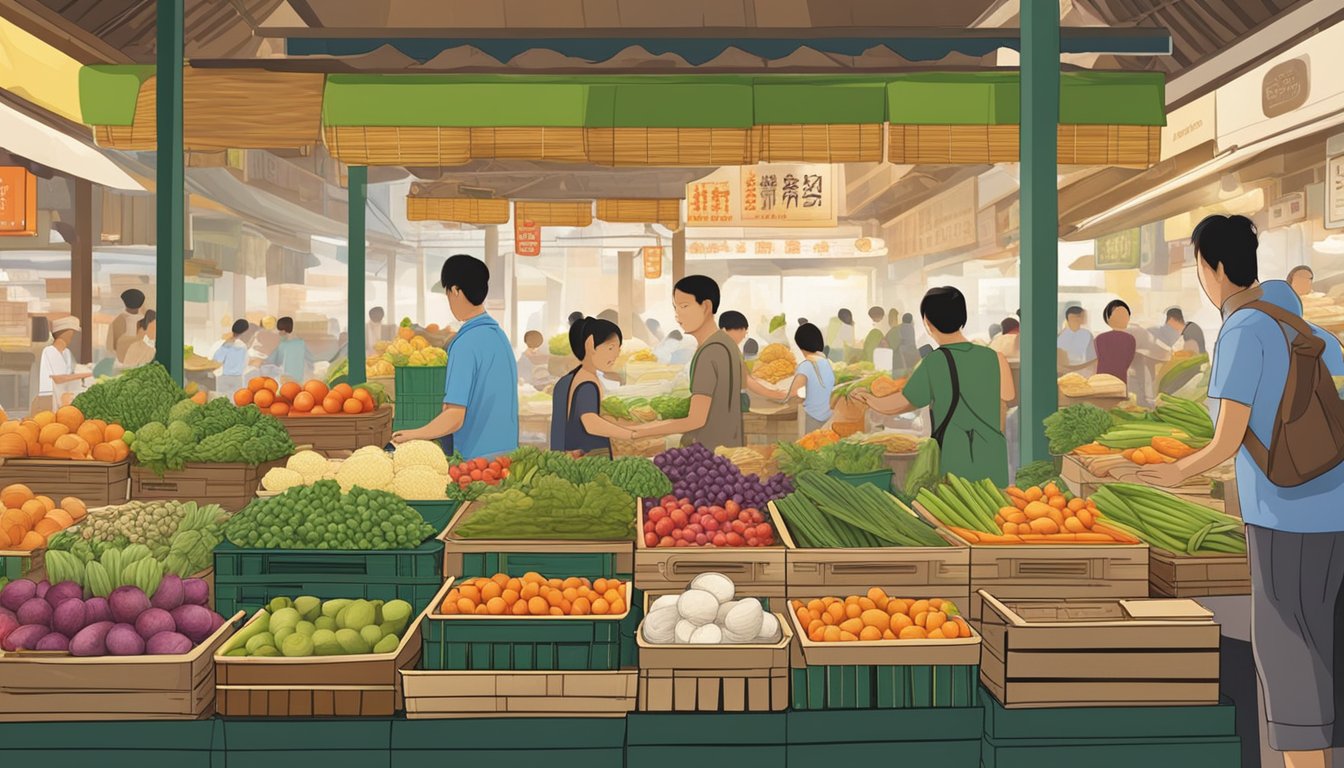 A bustling Asian market stall sells bamboo steamer baskets in Singapore. The vendor arranges the neatly stacked baskets, surrounded by vibrant produce and bustling shoppers