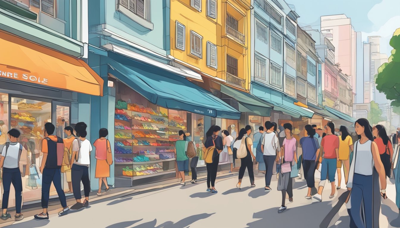 A crowded and vibrant street in Singapore, with a prominent storefront displaying the brand "Anothersole". Pedestrians walk by, some stopping to admire the shoes on display. The atmosphere is bustling and lively, capturing the energy of the city