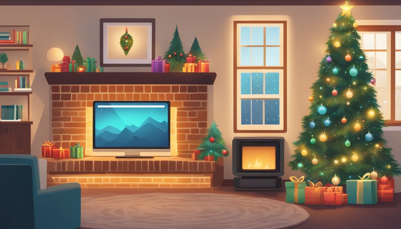 A cozy living room with a glowing fireplace, a festive Christmas tree adorned with twinkling lights and ornaments, and a computer screen displaying various online retailers for purchasing Christmas trees